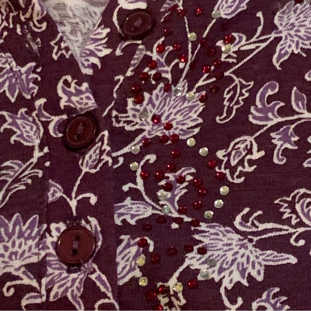 Rebecca Malone Plum Burgundy Orange Tunic Blouse Shirt Top Floral V-Neck Size L - Picture 12 of 12